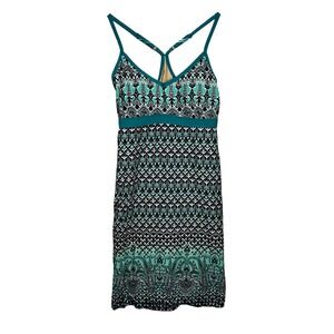 Athleta Shorebreak Dress Large Teal Black White Paisley Print Athletic Racerback